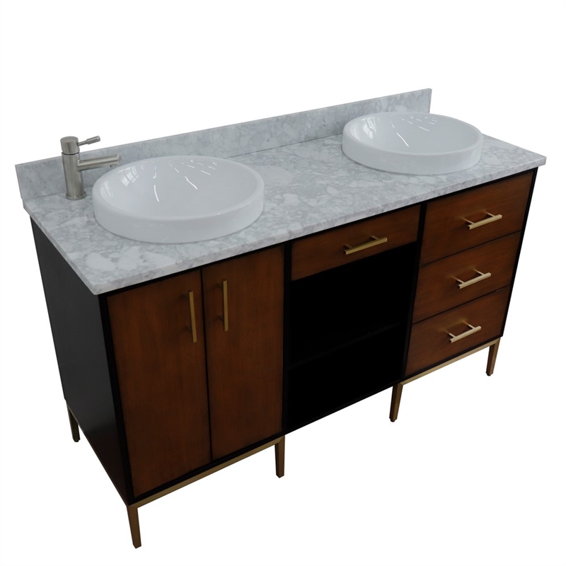 61 in. Double Wooden Vanity Walnut Black White Carrara Marble Round Sink