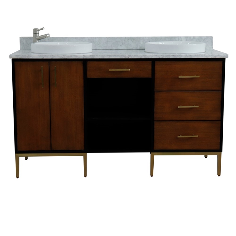 61 in. Double Wooden Vanity Walnut Black White Carrara Marble Round Sink