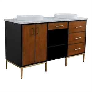 61 in. Double Wooden Vanity Walnut Black White Carrara Marble Round Sink