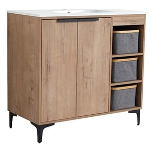 36 in. Single Vanity in Natural Finish with Solid Surface Resin White Sink