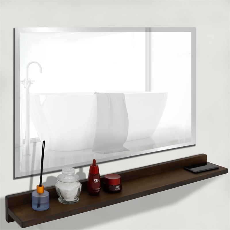 35 in. Rustic Wood Wireless Charging Shelf and Frameless Mirror Set