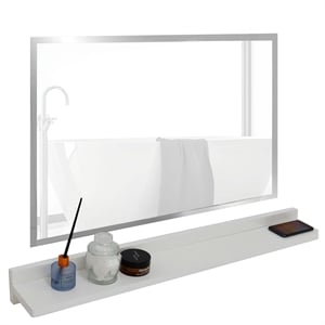 35 in. White Wooden QI Wireless Charging Shelf and Frameless Mirror Set
