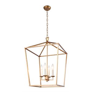 Holly 4-Light Metal Lantern Shape Pendant Fixture in Antique Gold