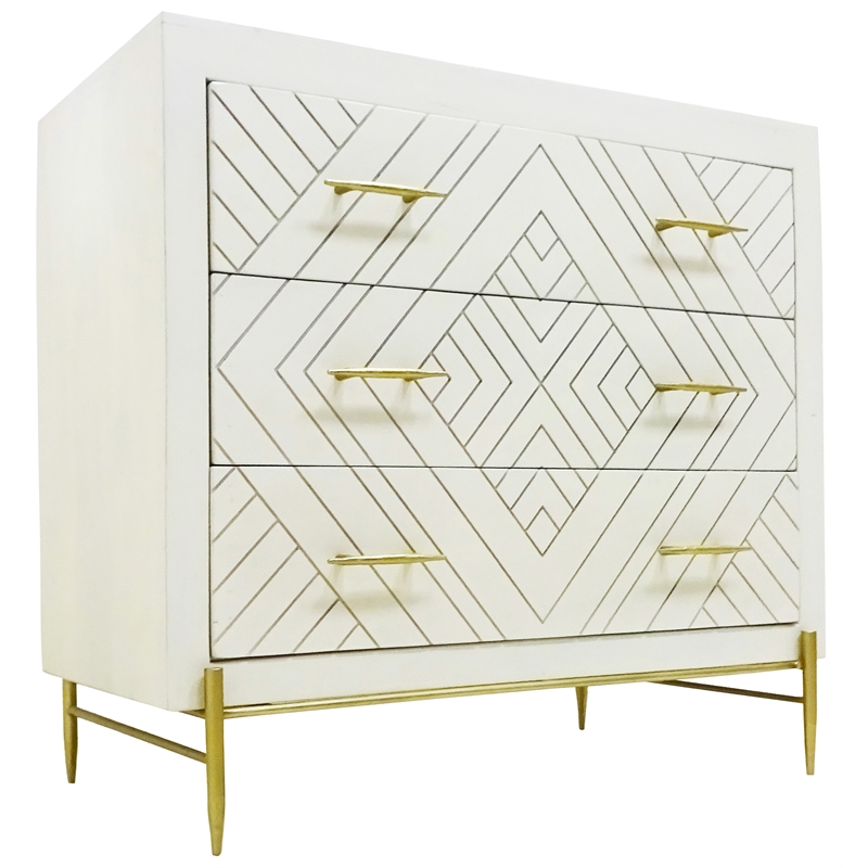 Perez 3-Drawer Solid Wood Chest in Ivory Finish on Brass-Finished Iron Base