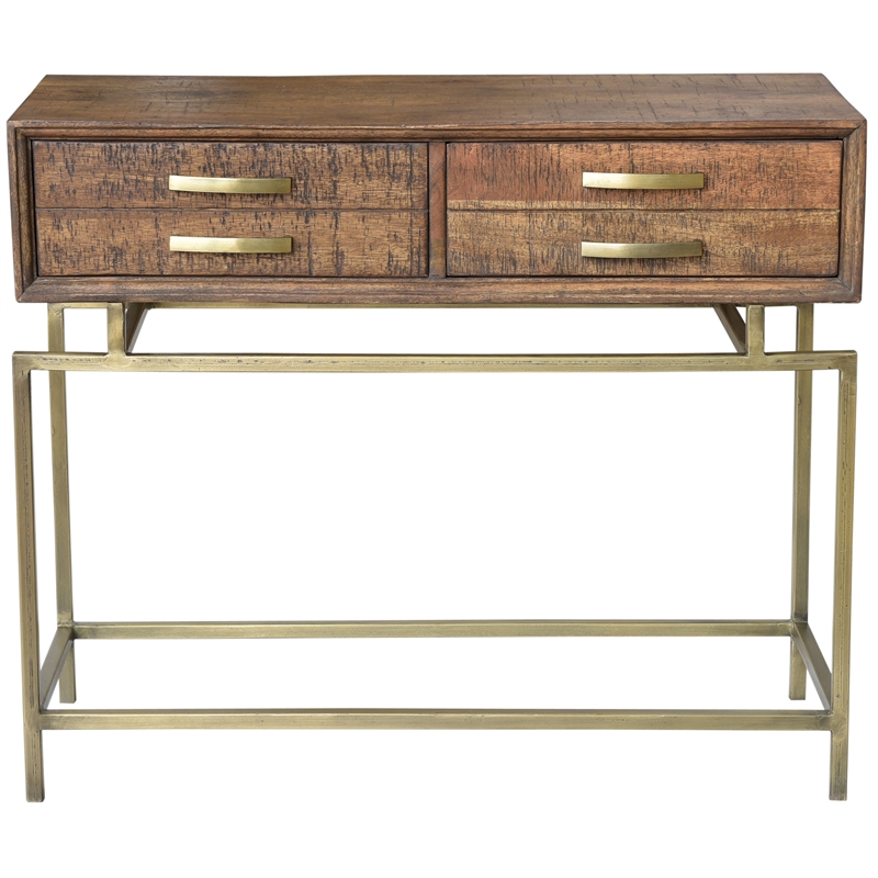 Goldbust Solid Wood Console Table in Natural with Brass-Finished Iron Base