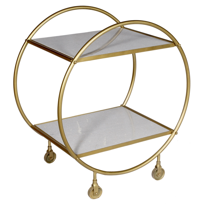 Millie Bar Cart - 2 Tiers of Marble on Cast Iron Frame in Metallic Gold Finish