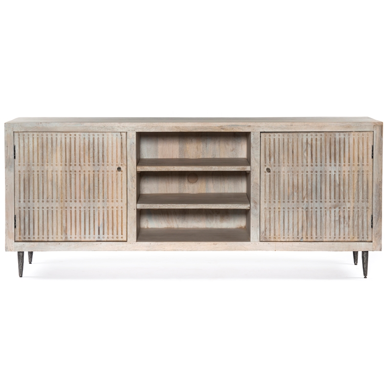 Sarah 2 Door Media Cabinet Mango Solid Wood Brushed Ivory Finish on Iron Base