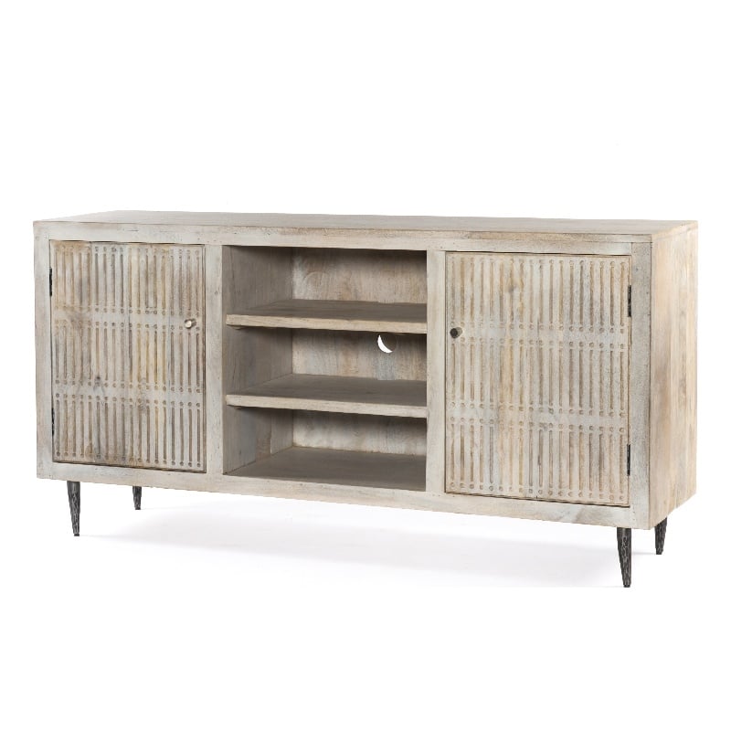 Sarah 2 Door Media Cabinet Mango Solid Wood Brushed Ivory Finish on Iron Base
