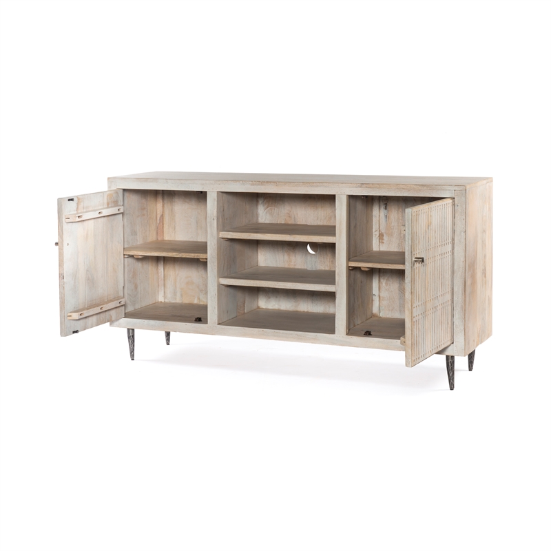 Sarah 2 Door Media Cabinet Mango Solid Wood Brushed Ivory Finish on Iron Base