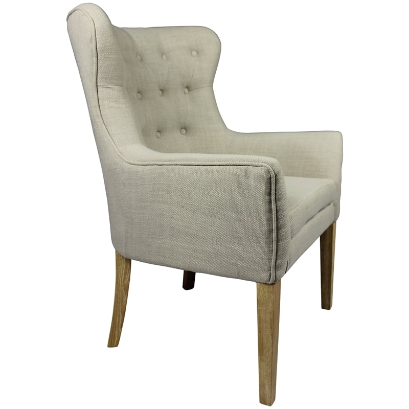 Ashton Armchair Upholstered in Beige Fabric with Button Tufting and Wooden Legs