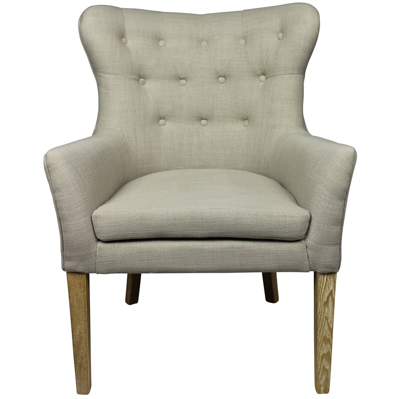 Ashton Armchair Upholstered in Beige Fabric with Button Tufting and Wooden Legs