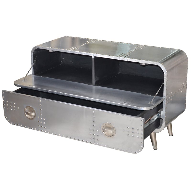 Pilot 1-Drawer 1-Shelf TV Console with Modern Silver Aluminum Cladding