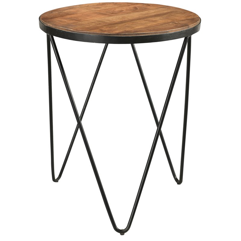 Nina Solid Wood Round End Table with Cast Iron Hairpin Legs in Brown