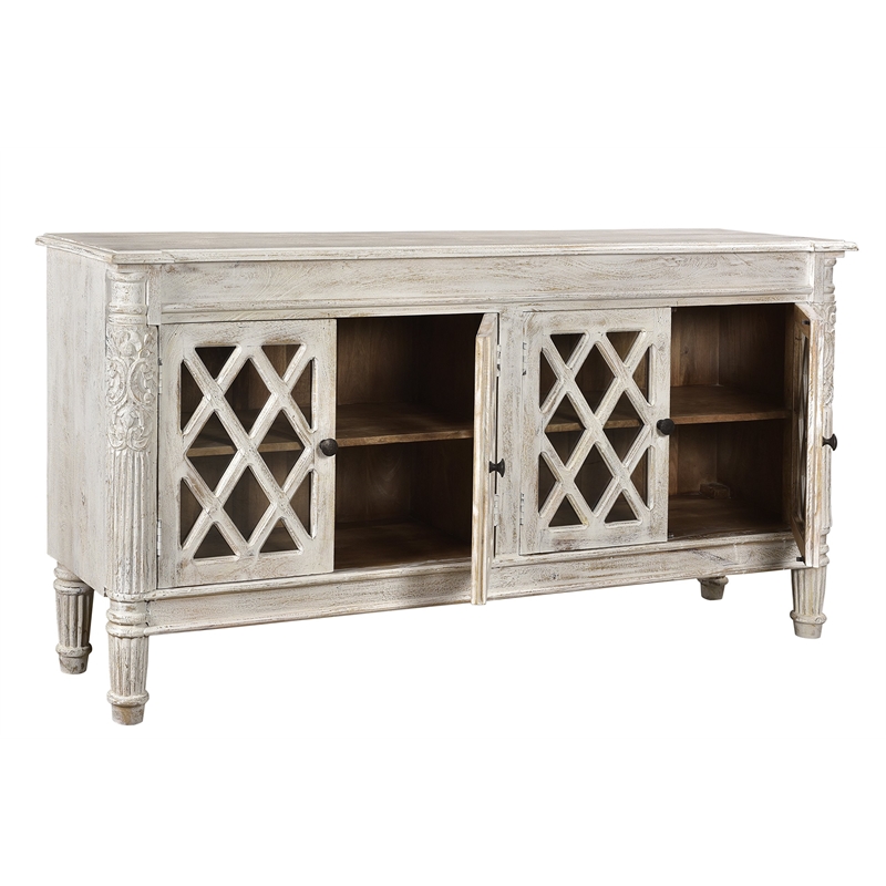 Carmenita Carlyle Solid Wood 4 Door Sideboard with Glass Inserts in White