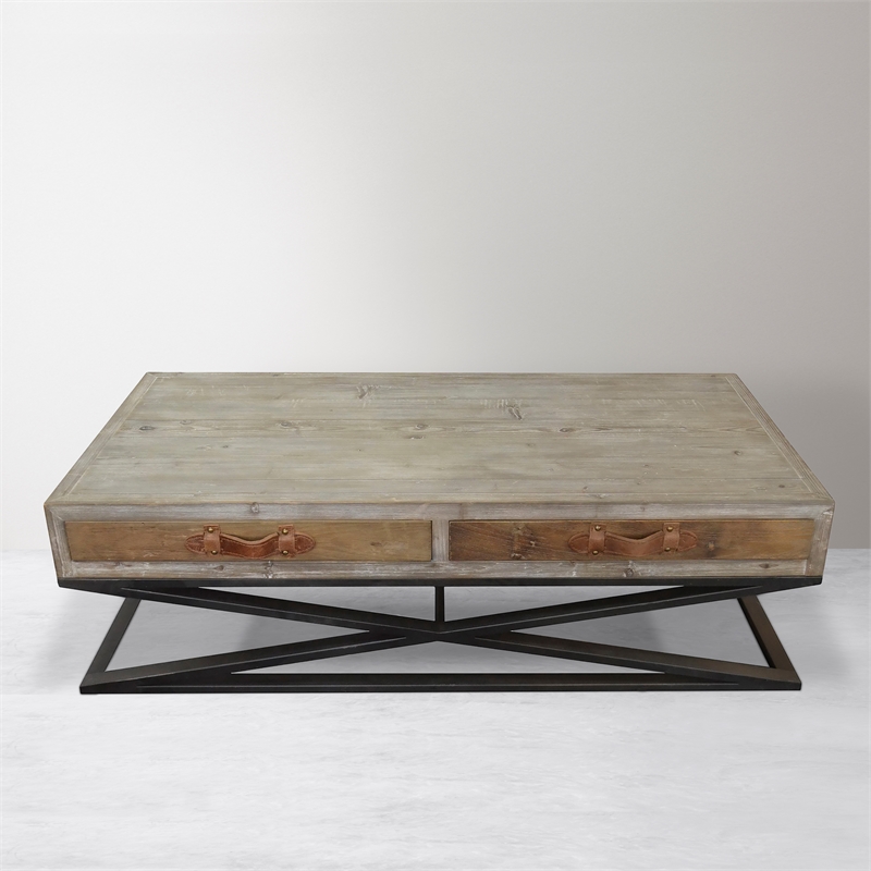 Syracuse Fisher Solid Wood 2 Drawer Cocktail Table in Brown on Cast Iron Base