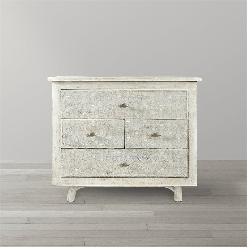 Gridley Hand-Carved 4-Drawer Nightstand on Mango Solid Wood in White Wash