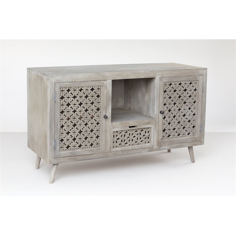 Halle Solid Wood 2 Door 1 Drawer Hand-Carved Media Console in Natural