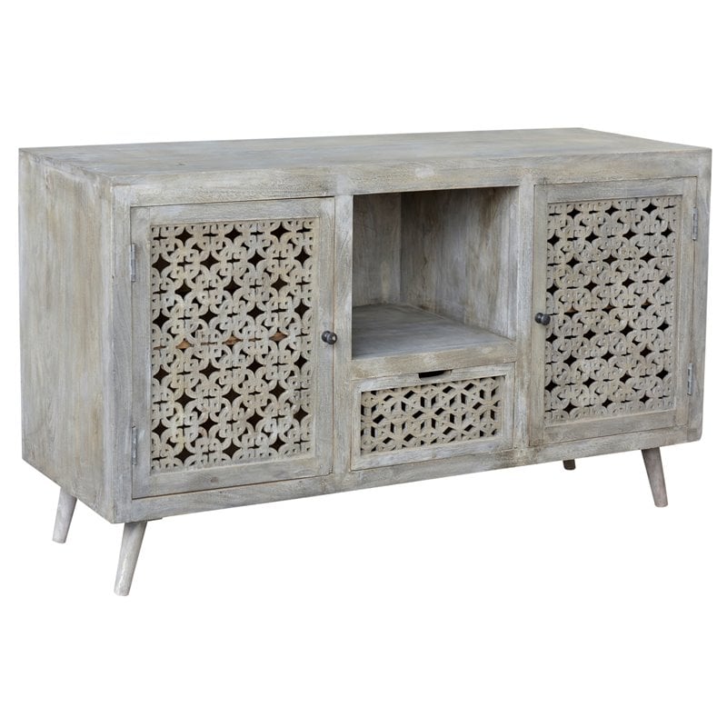 Halle Solid Wood 2 Door 1 Drawer Hand-Carved Media Console in Natural