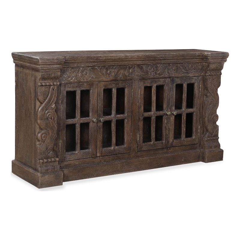 Crane Solid Wood 4 Door Hand-Carved Sideboard with Glass Doors in Brown