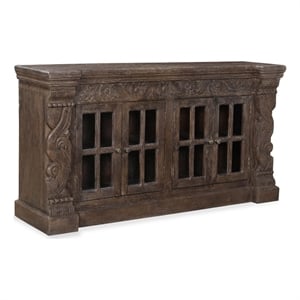 Crane Solid Wood 4 Door Hand-Carved Sideboard with Glass Doors in Brown