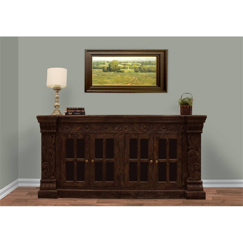 Crane Solid Wood 4 Door Hand-Carved Sideboard with Glass Doors in Brown