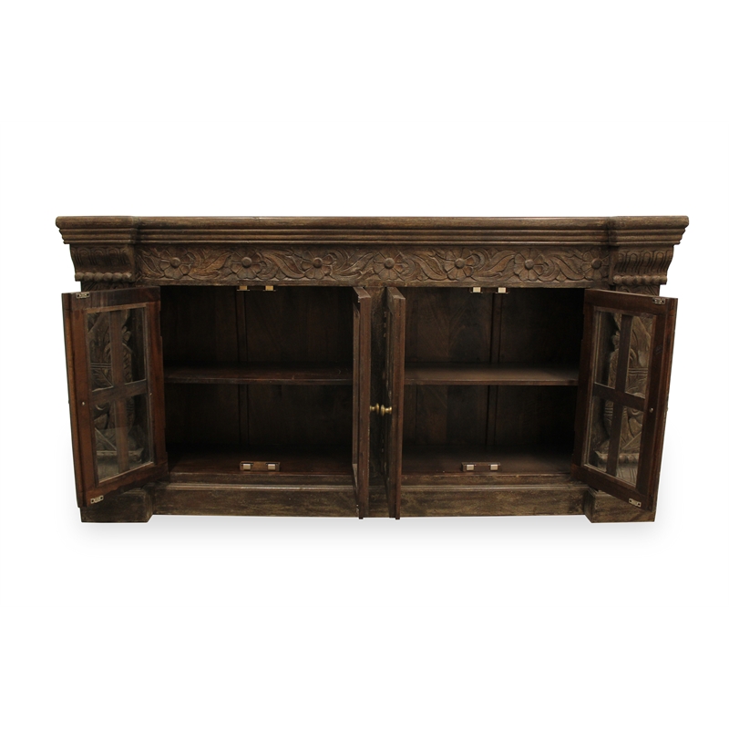 Crane Solid Wood 4 Door Hand-Carved Sideboard with Glass Doors in Brown