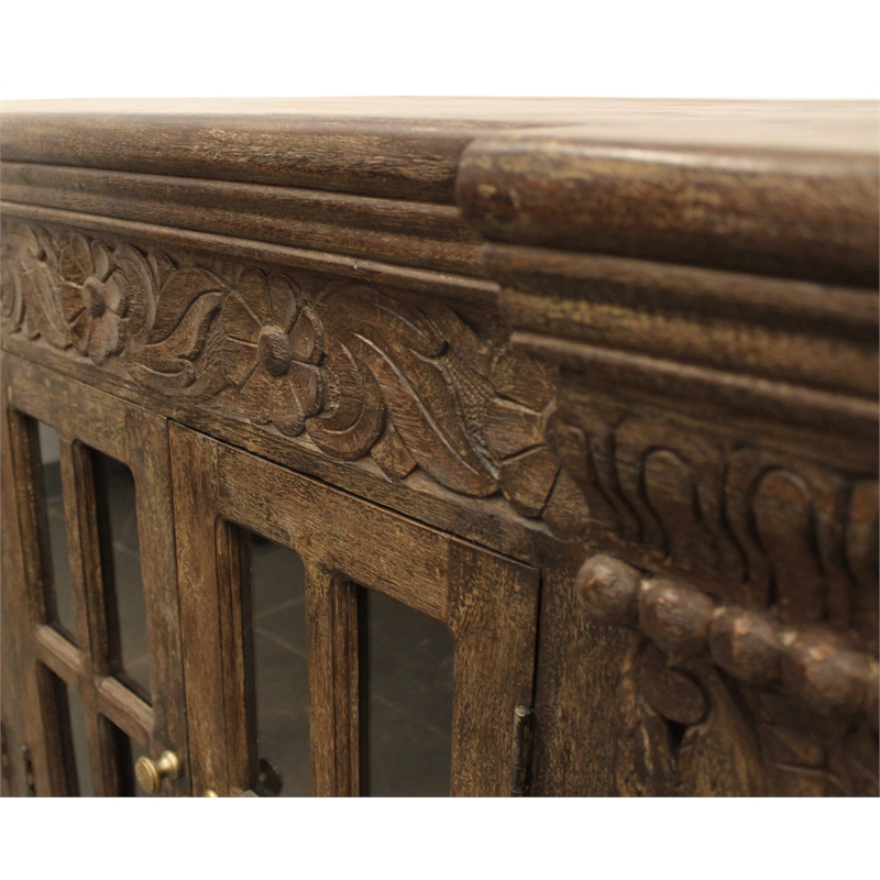 Crane Solid Wood 4 Door Hand-Carved Sideboard with Glass Doors in Brown