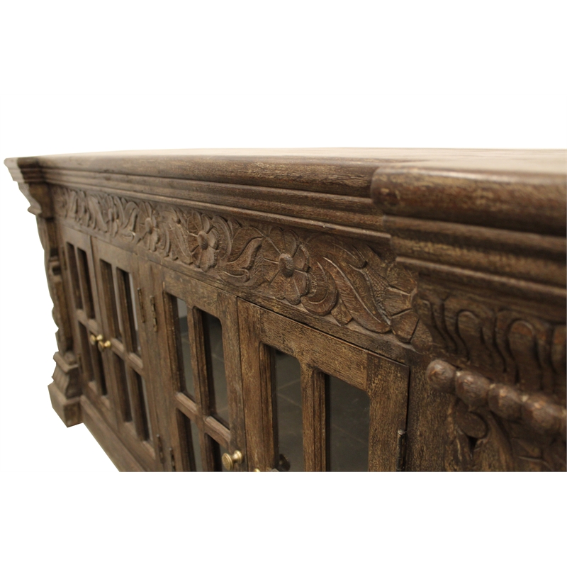 Crane Solid Wood 4 Door Hand-Carved Sideboard with Glass Doors in Brown