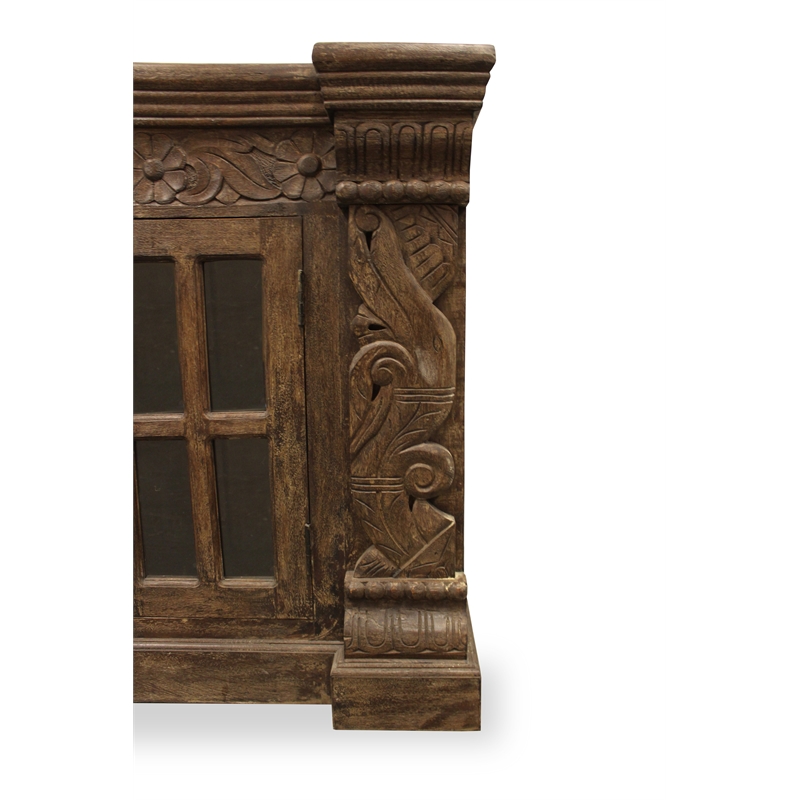 Crane Solid Wood 4 Door Hand-Carved Sideboard with Glass Doors in Brown