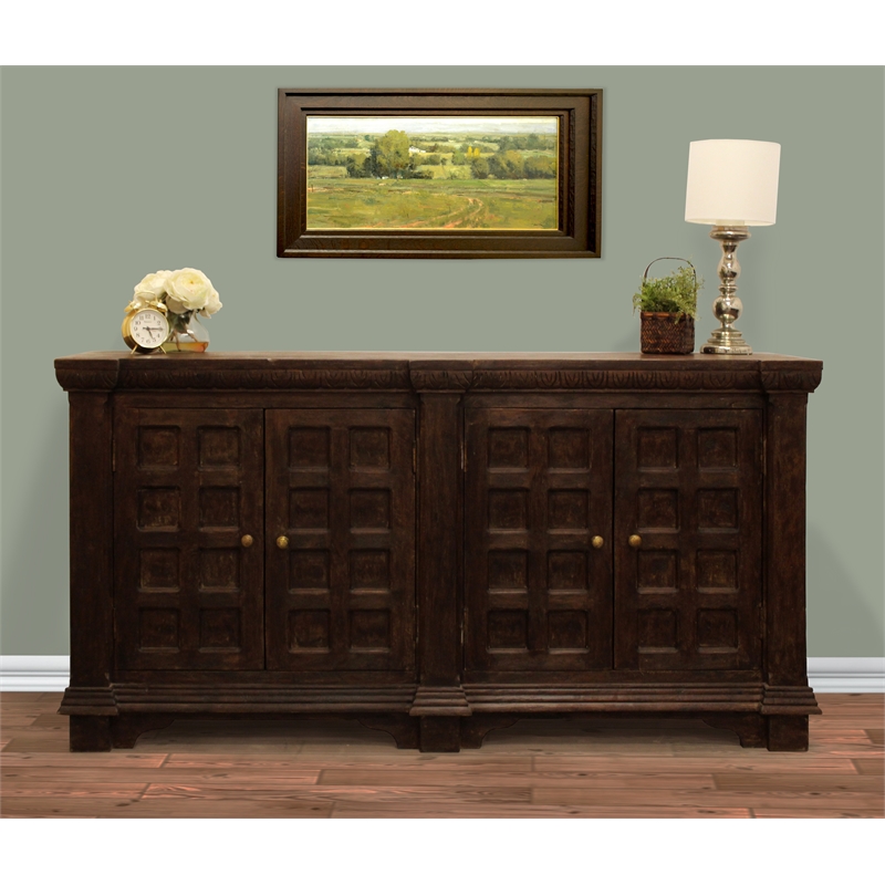 Manag Solid Wood 4 Door Sideboard with Hand-Carved Details in Brown