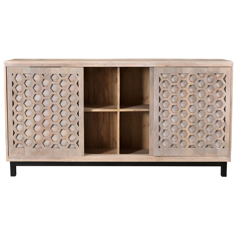 Combe Solid Wood 3 Sliding Door Sideboard on Cast Iron Base in Gray Wash