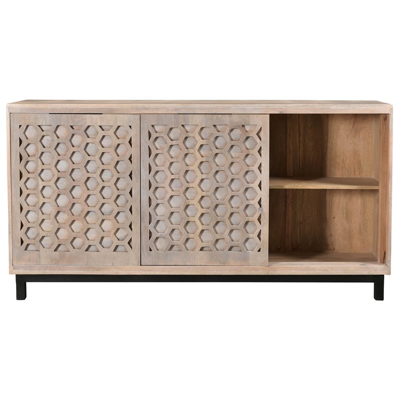 Combe Solid Wood 3 Sliding Door Sideboard on Cast Iron Base in Gray Wash
