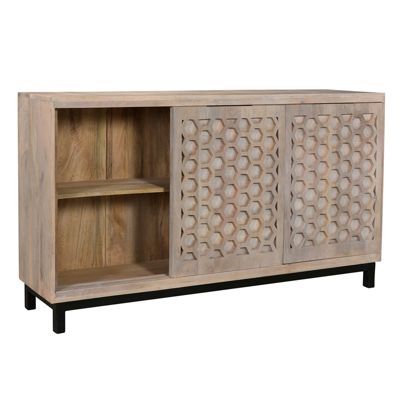 Combe Solid Wood 3 Sliding Door Sideboard on Cast Iron Base in Gray Wash