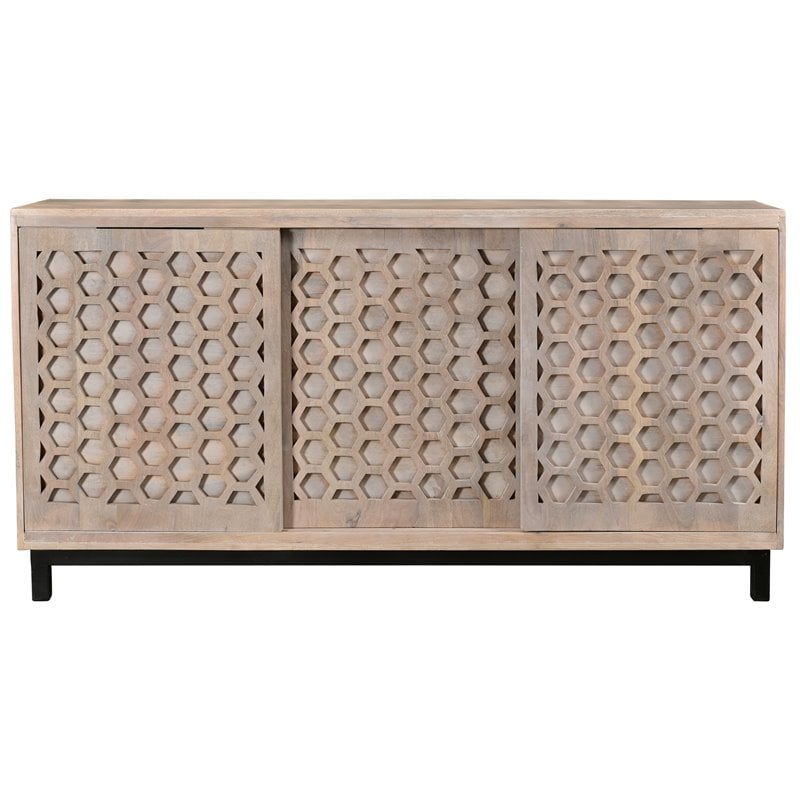 Combe Solid Wood 3 Sliding Door Sideboard on Cast Iron Base in Gray Wash