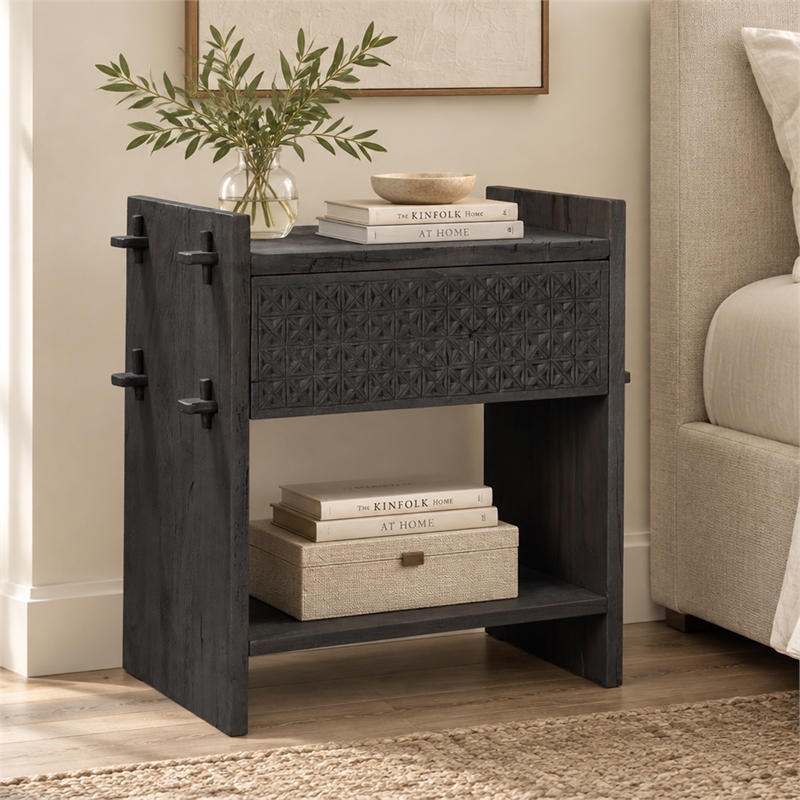 Jamboree Solid Wood Hand-Carved 1 Drawer Nightstand in Gray