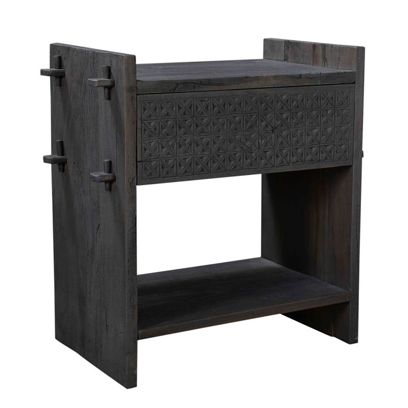 Jamboree Solid Wood Hand-Carved 1 Drawer Nightstand in Gray