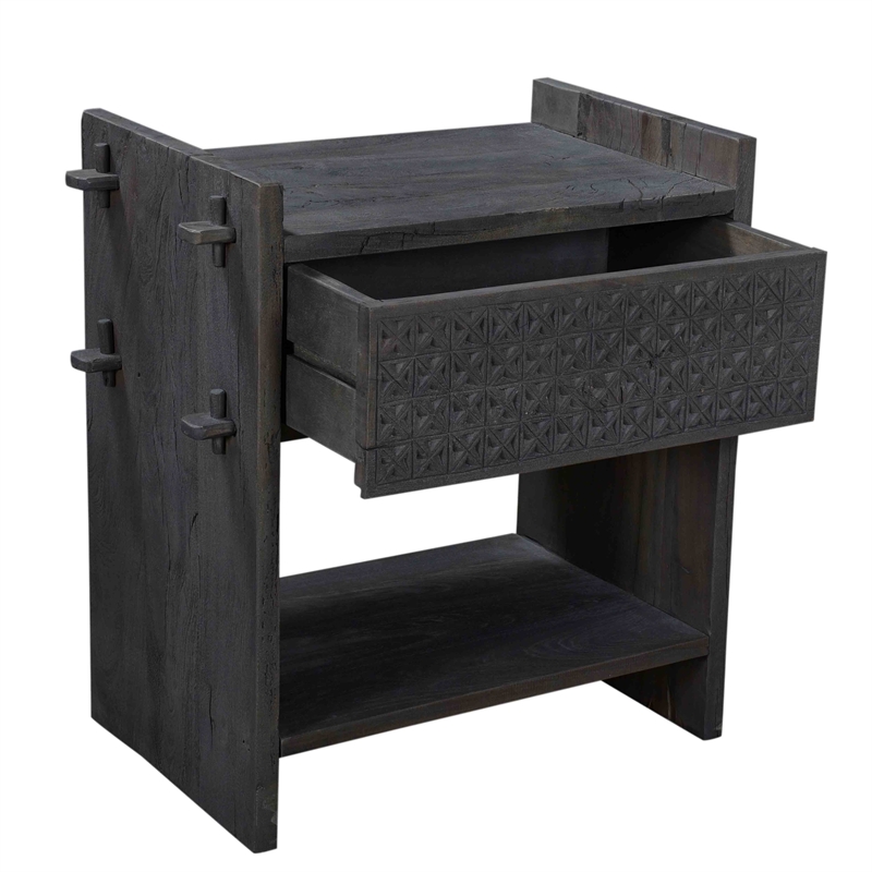 Jamboree Solid Wood Hand-Carved 1 Drawer Nightstand in Gray