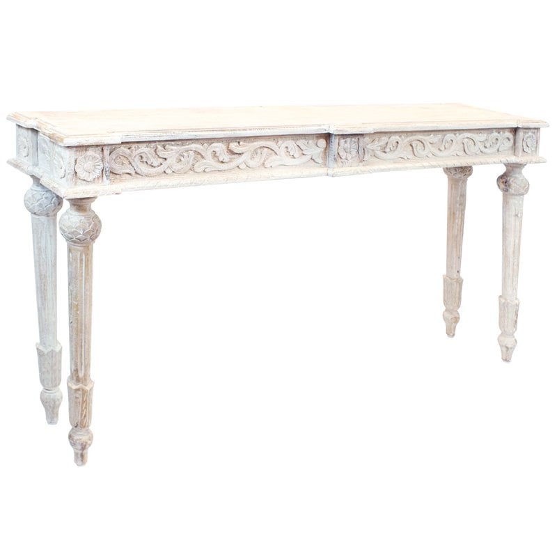 Tigard Console Table in Traditional White Finish on Hand-Carved Solid Wood