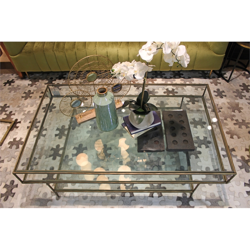 Orlando Melvin Cocktail Table with Glass Top and Forged Iron Legs in Brass