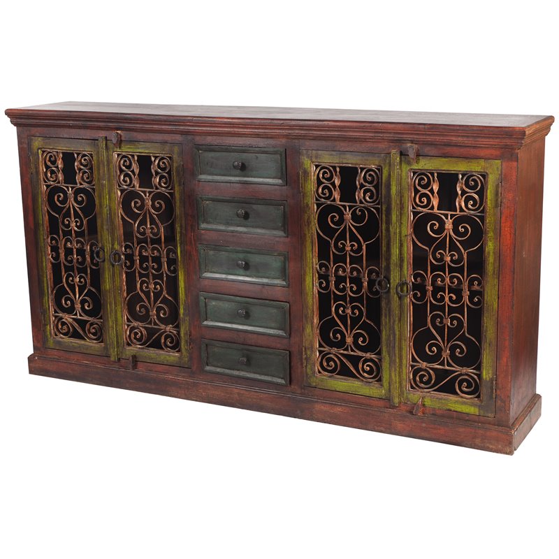 Arvada Solid Wood 4 Door 5 Drawer Hand-Carved Buffet in Brown