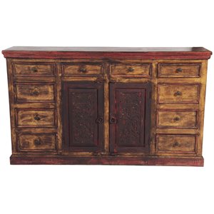 Arvada Solid Wood 2 Door 10 Drawer Hand-Carved Buffet in Brown