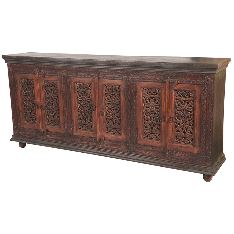 Arvada 6 Door Solid Wood Buffet in Brown with Hand-Carved Detailing