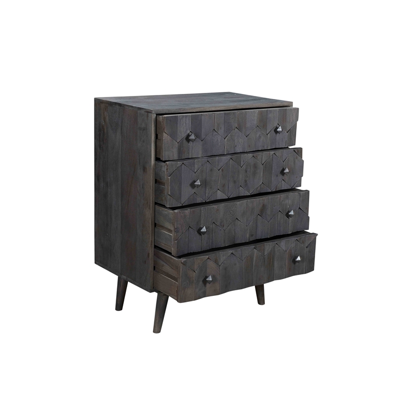 Onyx 4-Drawer Solid Wood Chest in Dark Gray with Hand-Carved Details
