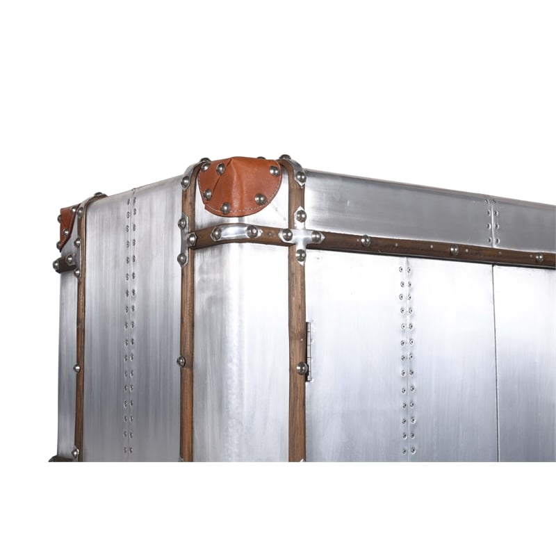 Pilot Tall Cabinet in Silver Aluminum Cladding and Leather Accents