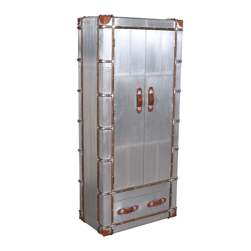 Pilot Tall Cabinet in Silver Aluminum Cladding and Leather Accents