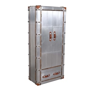 Pilot Tall Cabinet in Silver Aluminum Cladding and Leather Accents