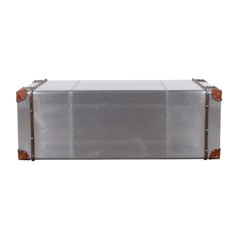 Pilot 2-Drawer Cocktail Table with Silver Aluminum Cladding and Leather Straps