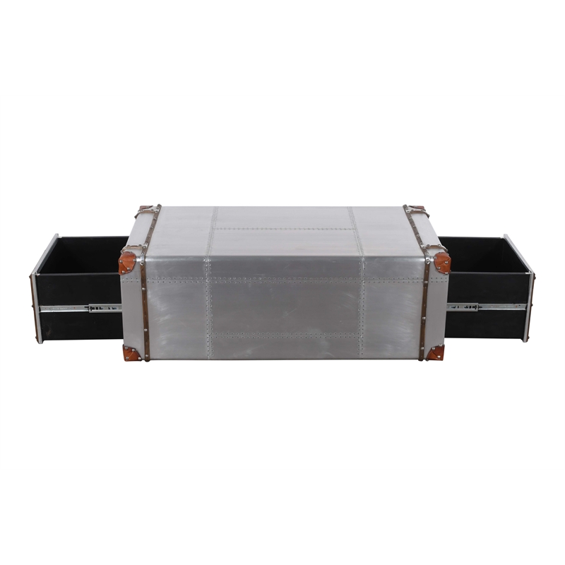 Pilot 2-Drawer Cocktail Table with Silver Aluminum Cladding and Leather Straps