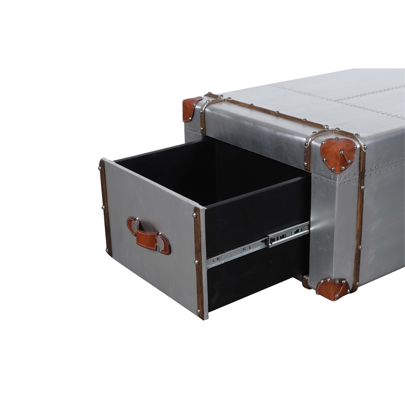 Pilot 2-Drawer Cocktail Table with Silver Aluminum Cladding and Leather Straps