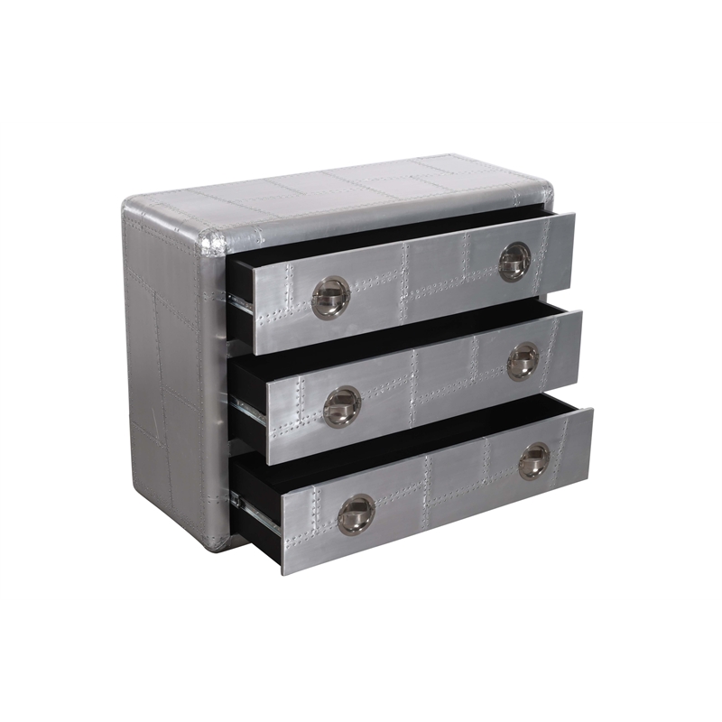 Pilot 3-Drawer Chest with Silver Aluminum Cladding and Exposed Steel Screws